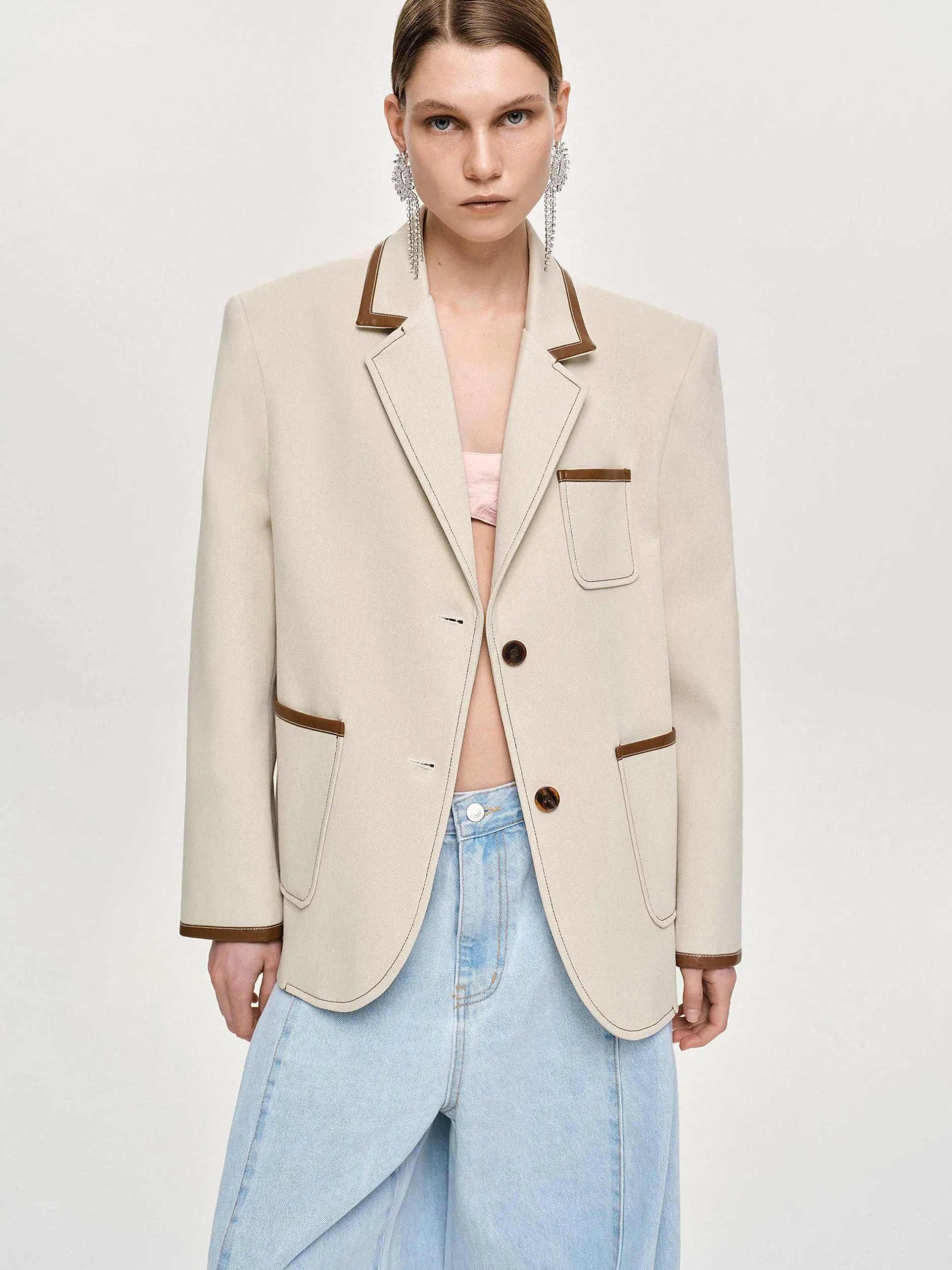 Outerwear-Source Unknown Leather-Trimmed Blazer, Canvas