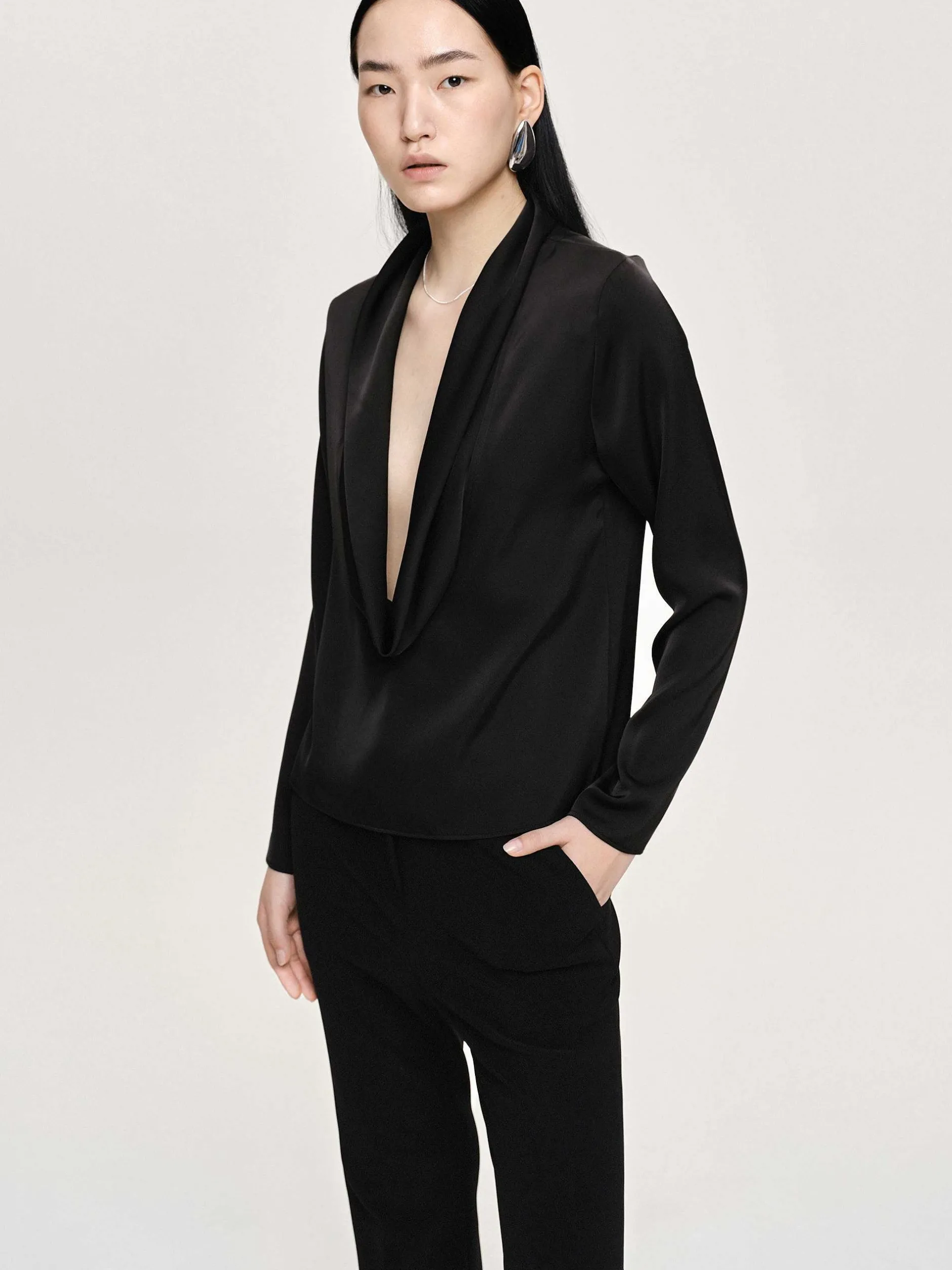 Tops-Source Unknown Leiva Cowl-Back Blouse, Black