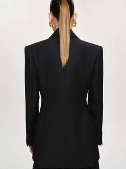 Outerwear-Source Unknown Leonara Double Breasted Cinch Blazer, Black