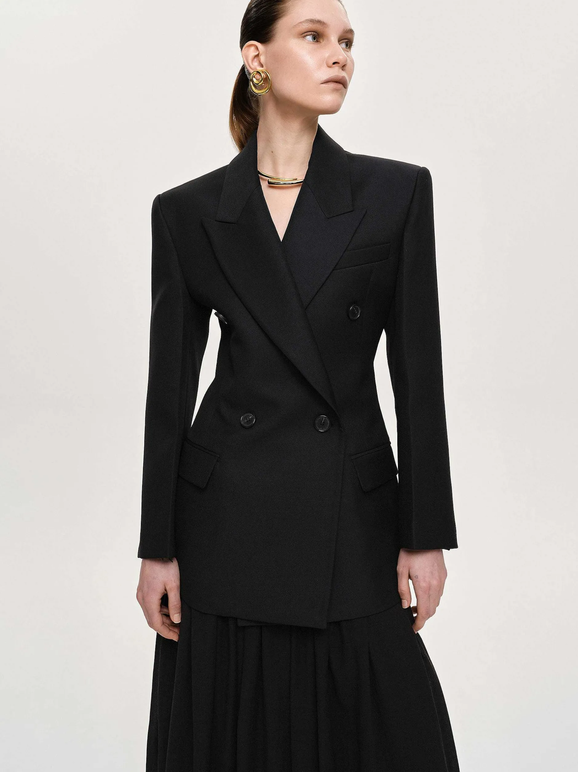 Outerwear-Source Unknown Leonara Double Breasted Cinch Blazer, Black