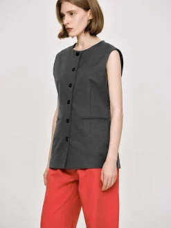 Tops-Source Unknown Long Button Vest, Charcoal Melange