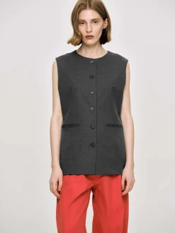 Clothing-Source Unknown Long Button Vest, Charcoal Melange