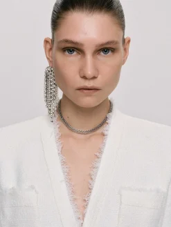 Clothing-Source Unknown Long Rhinestone Earrings, Silver