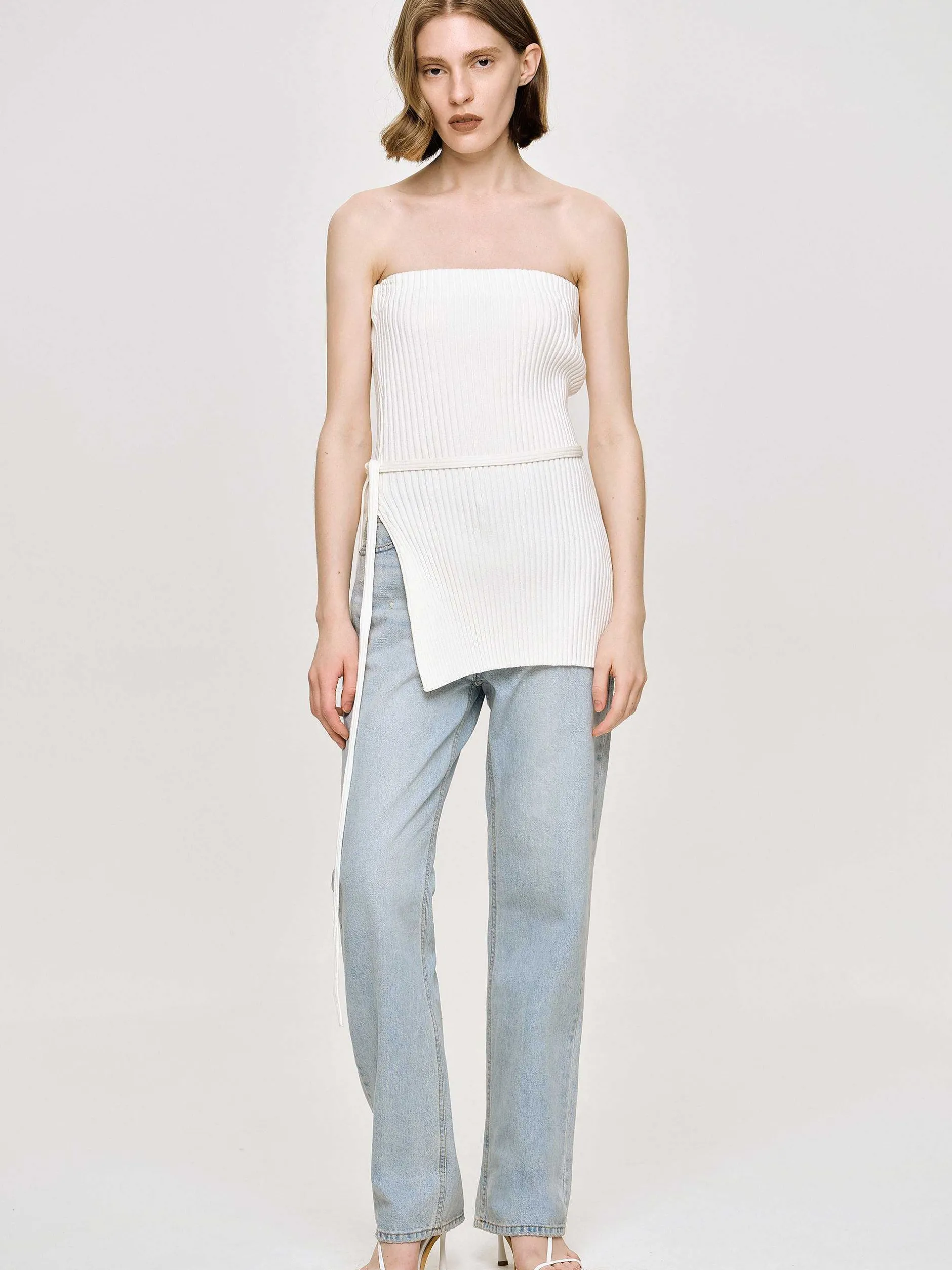 Clothing-Source Unknown Long Split Rib Knit, White