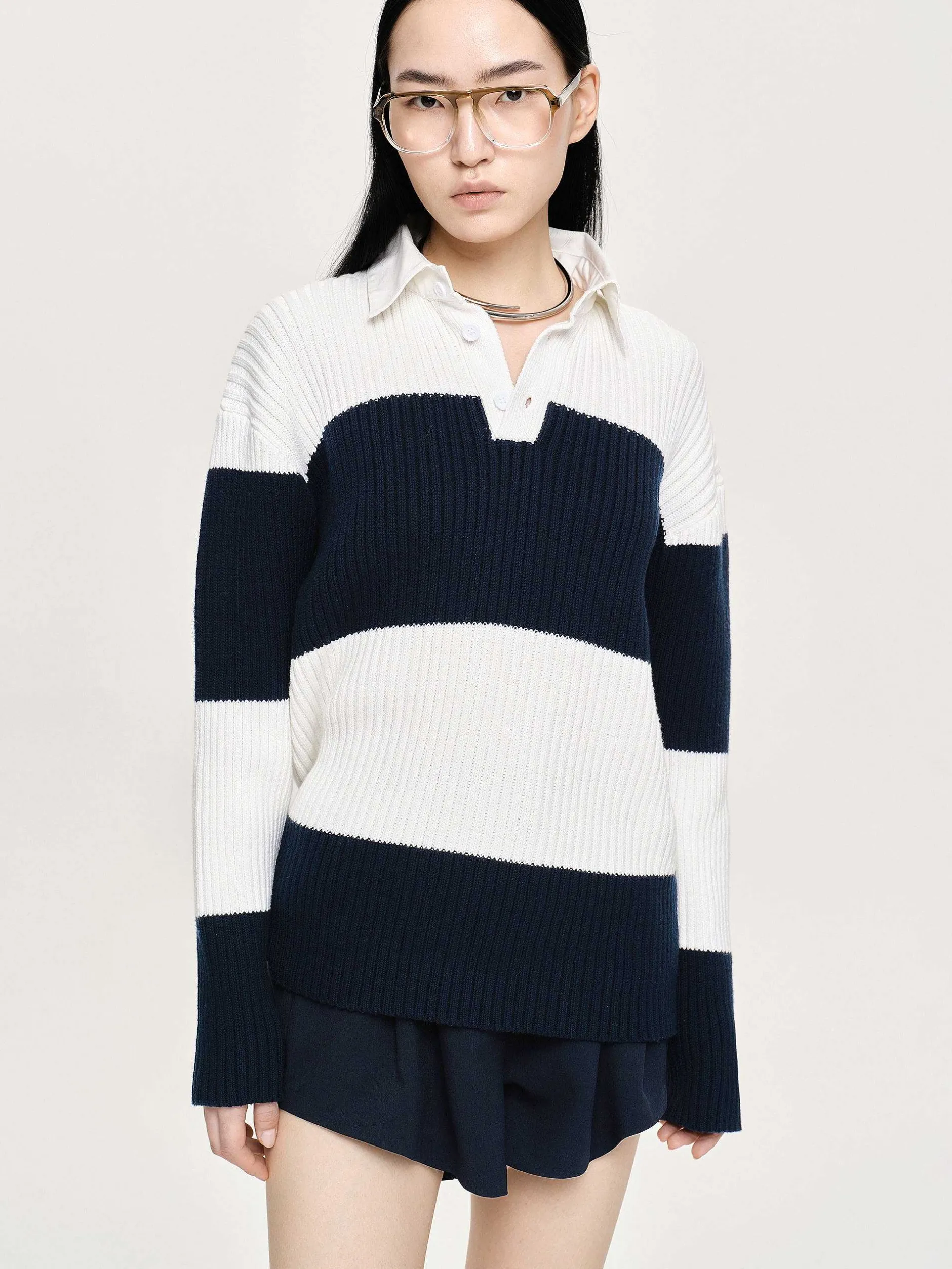 Accessories-Source Unknown Matias Oversized Knit Polo, Navy