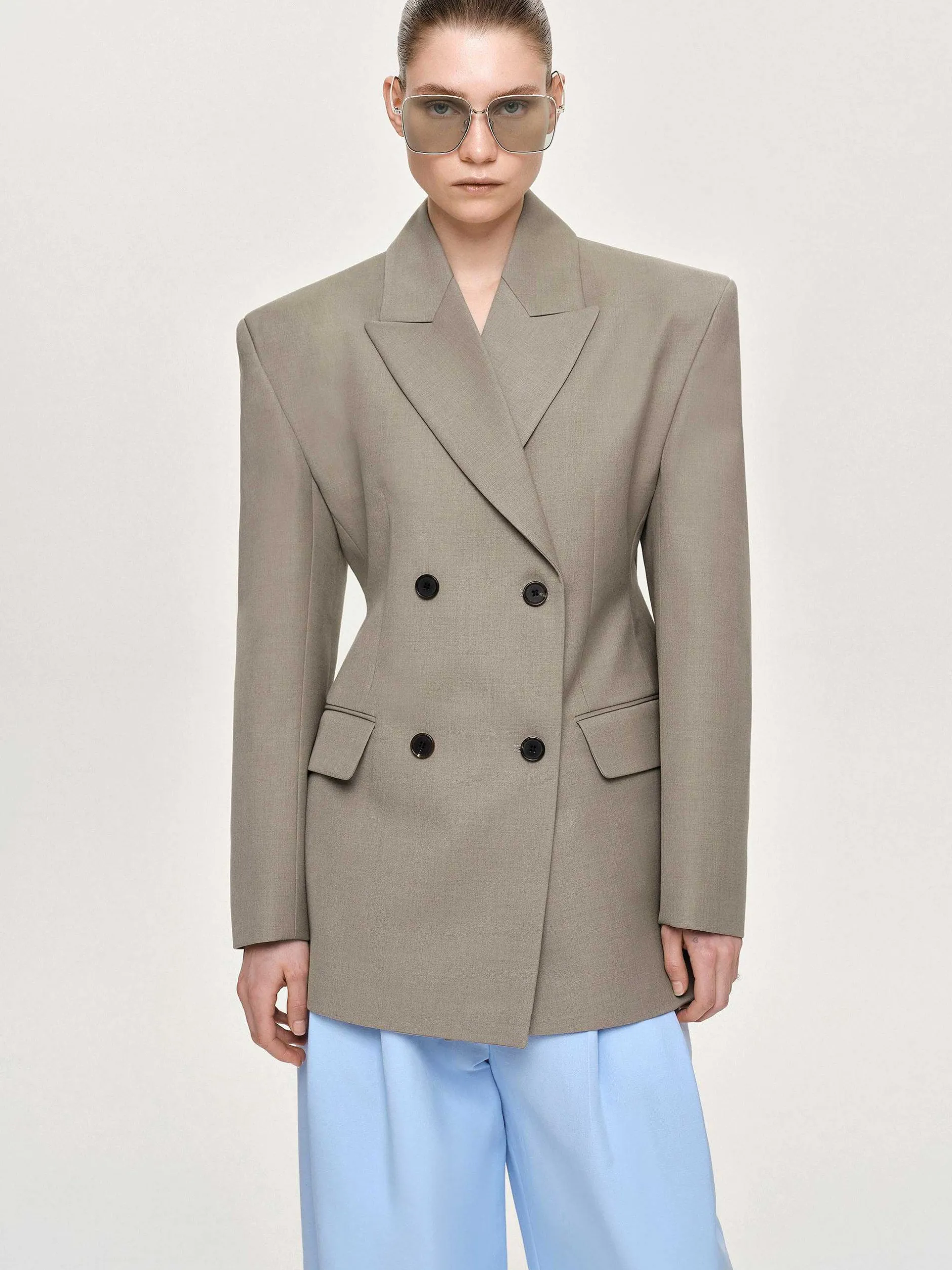 Outerwear-Source Unknown Messi Double Breasted Blazer, Dune