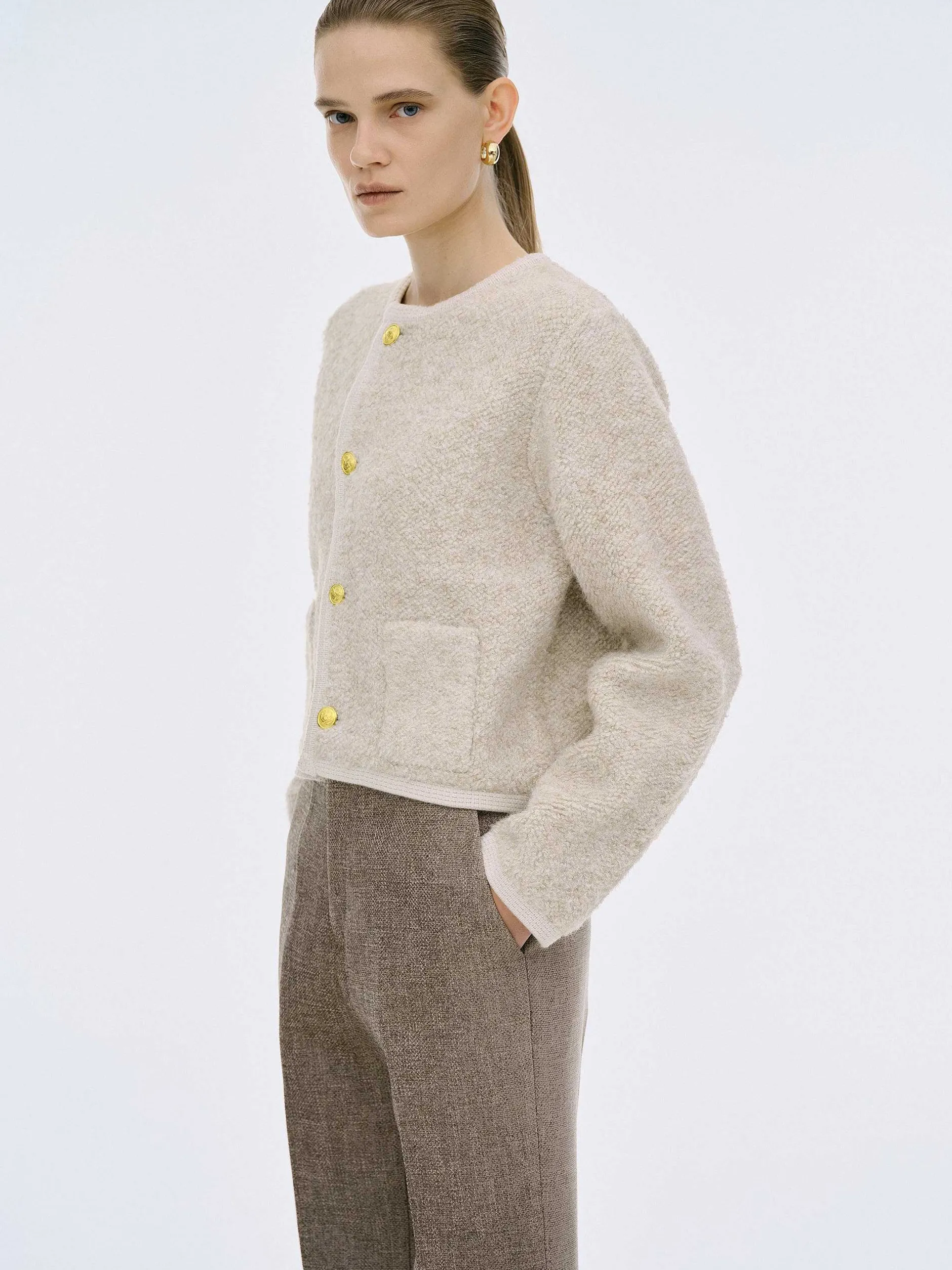 Knitwear-Source Unknown Mogador Shearing Wool Cardigan, Beige Melange