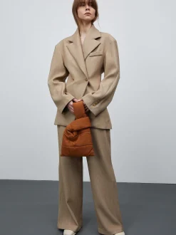 Outerwear-Source Unknown Nangy Double Breasted Cinched Blazer, Tan Beige
