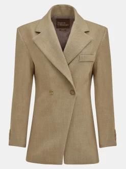 Outerwear-Source Unknown Nangy Double Breasted Cinched Blazer, Tan Beige