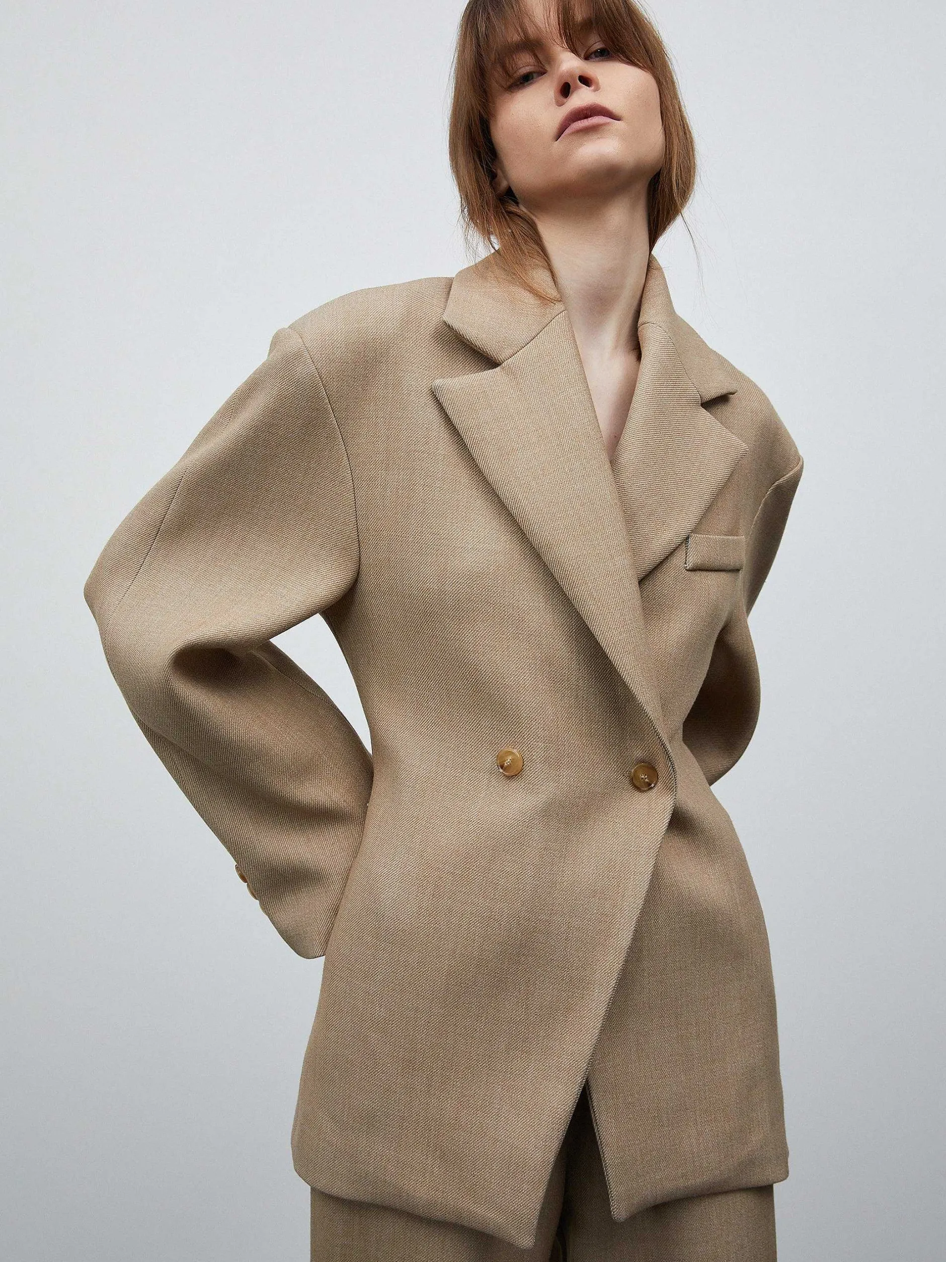 Outerwear-Source Unknown Nangy Double Breasted Cinched Blazer, Tan Beige