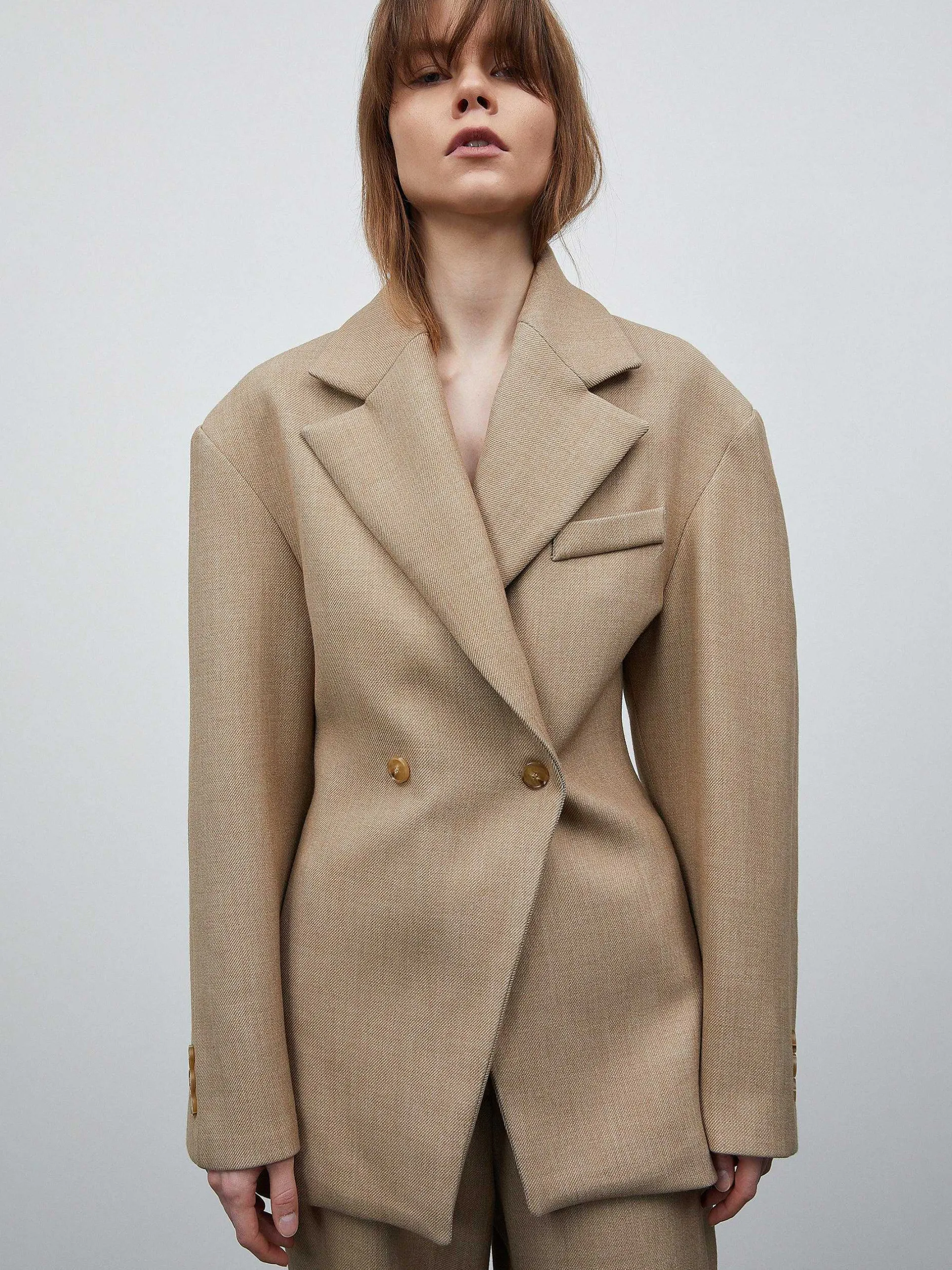 Outerwear-Source Unknown Nangy Double Breasted Cinched Blazer, Tan Beige