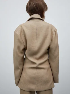 Outerwear-Source Unknown Nangy Double Breasted Cinched Blazer, Tan Beige