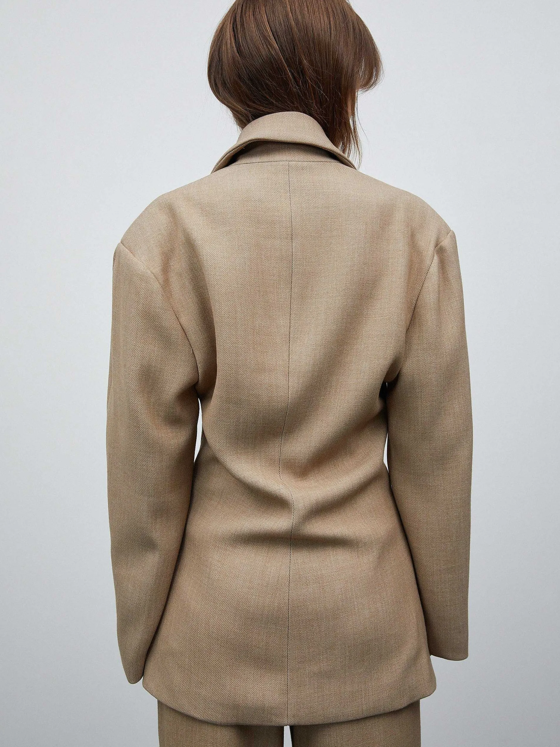 Outerwear-Source Unknown Nangy Double Breasted Cinched Blazer, Tan Beige