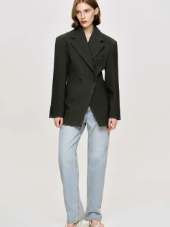 Outerwear-Source Unknown Nangy Double Breasted Cinched Blazer, Charcoal Grey