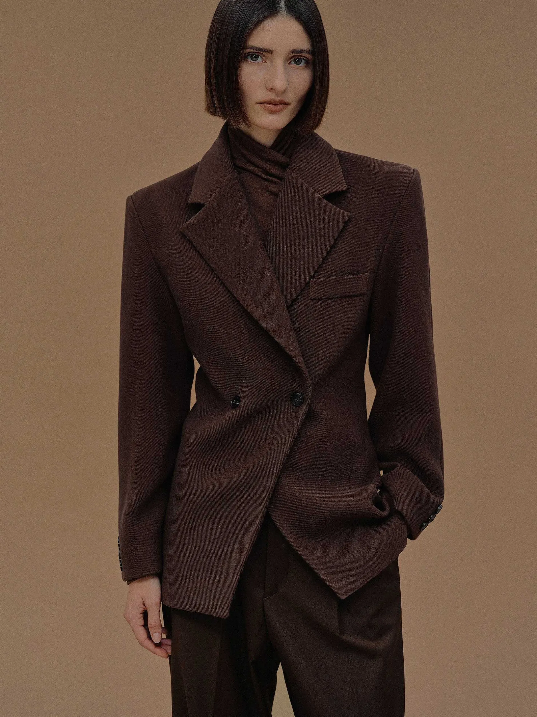 Clothing-Source Unknown Nangy Double Breasted Cinched Blazer, Pecan