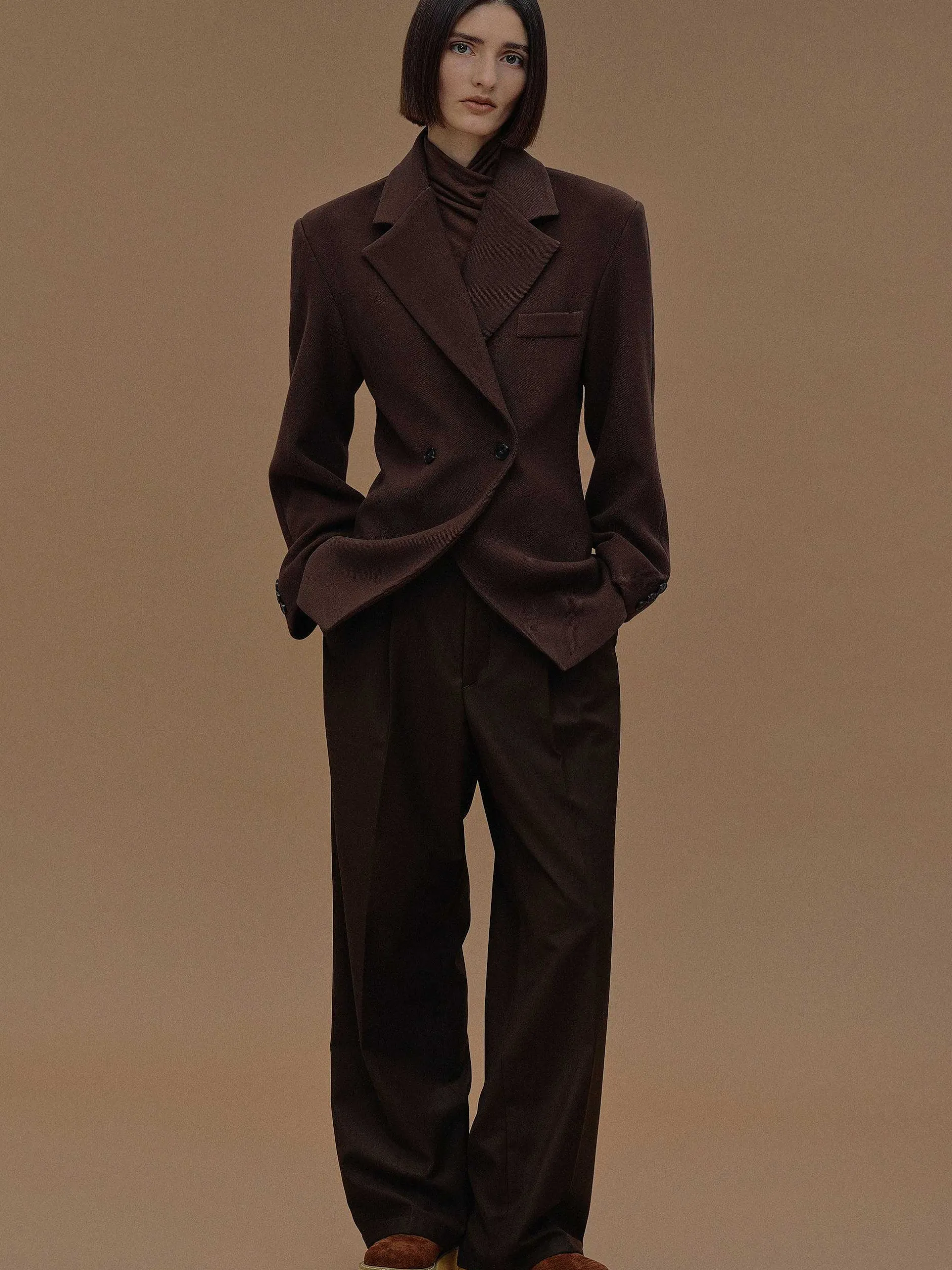 Clothing-Source Unknown Nangy Double Breasted Cinched Blazer, Pecan