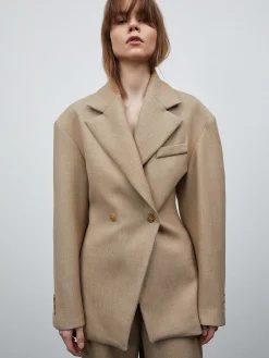 Clothing-Source Unknown Nangy Double Breasted Cinched Blazer, Tan Beige