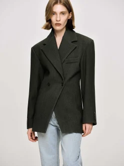 Clothing-Source Unknown Nangy Double Breasted Cinched Blazer, Charcoal Grey