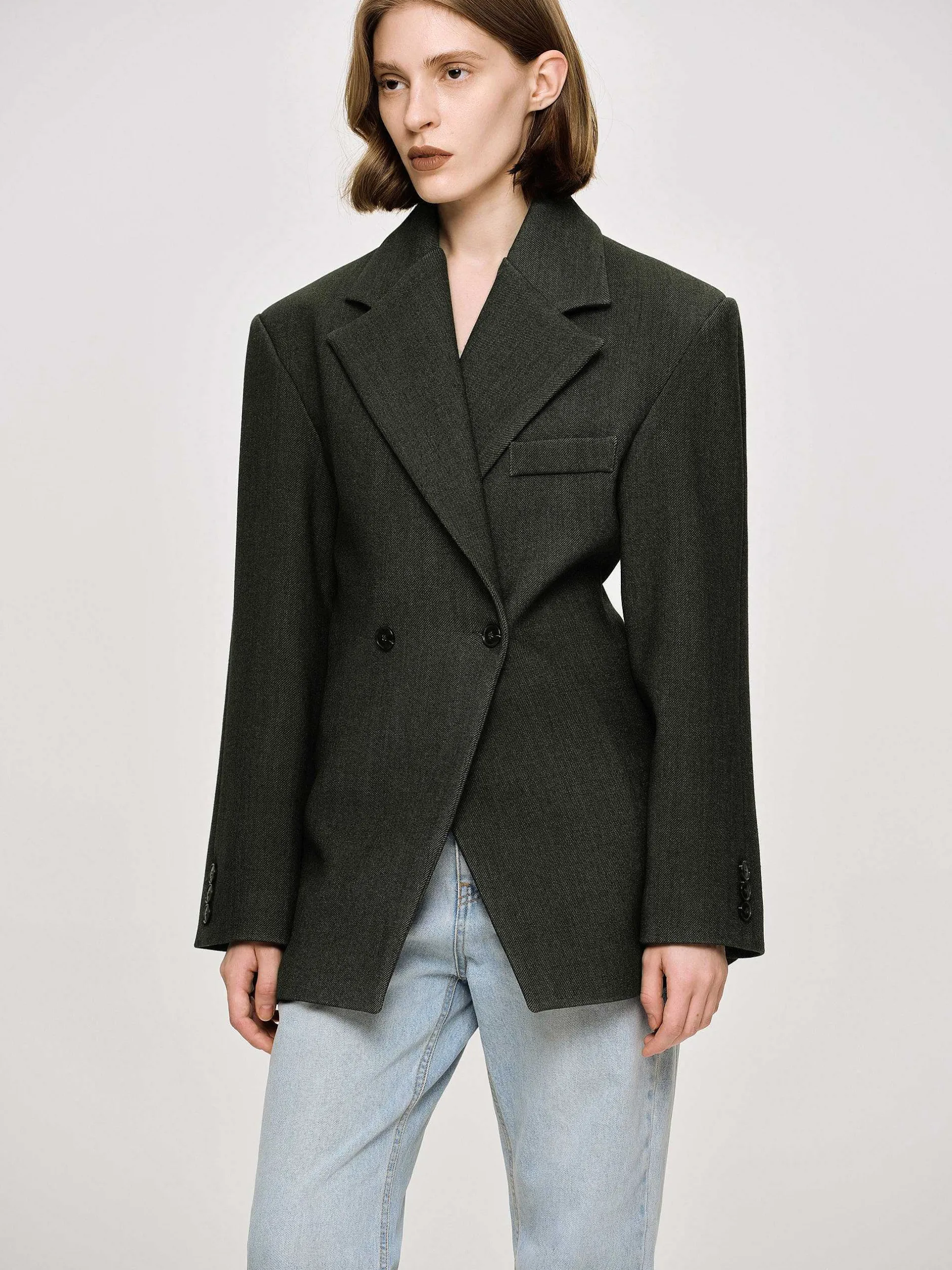 Clothing-Source Unknown Nangy Double Breasted Cinched Blazer, Charcoal Grey