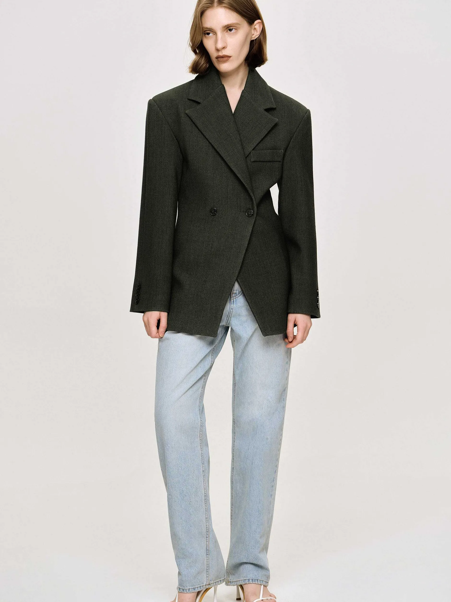 Clothing-Source Unknown Nangy Double Breasted Cinched Blazer, Charcoal Grey
