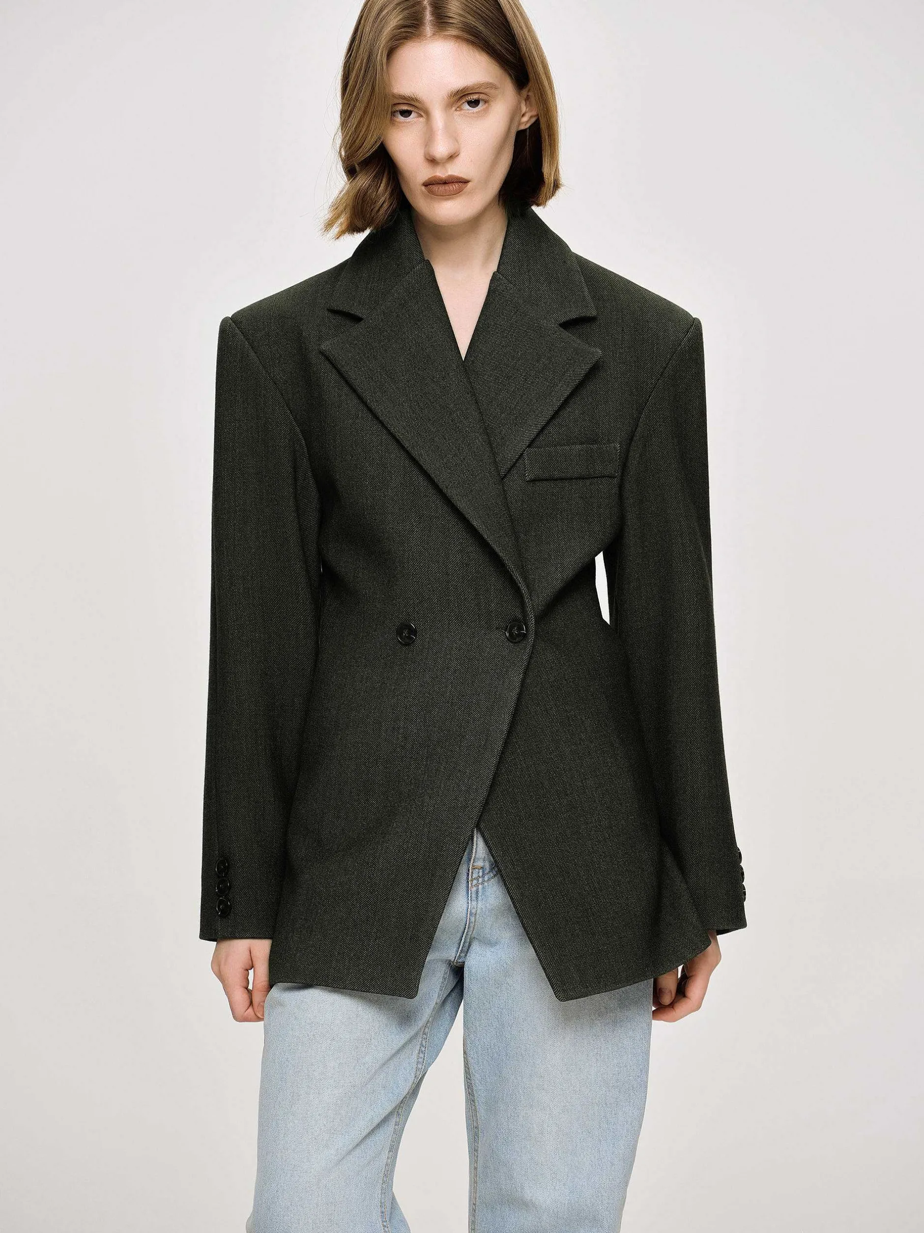 Clothing-Source Unknown Nangy Double Breasted Cinched Blazer, Charcoal Grey