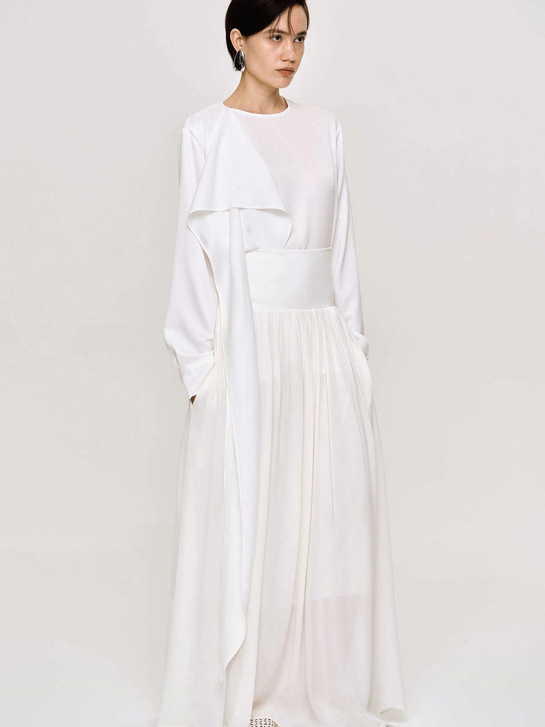Tops-Source Unknown Notte Draped Scarf Blouse, White