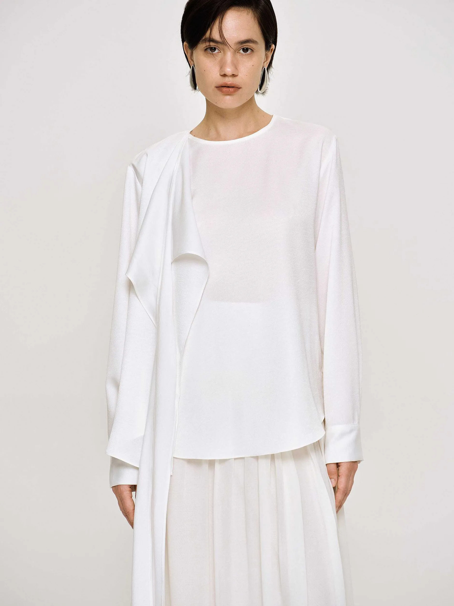 Tops-Source Unknown Notte Draped Scarf Blouse, White