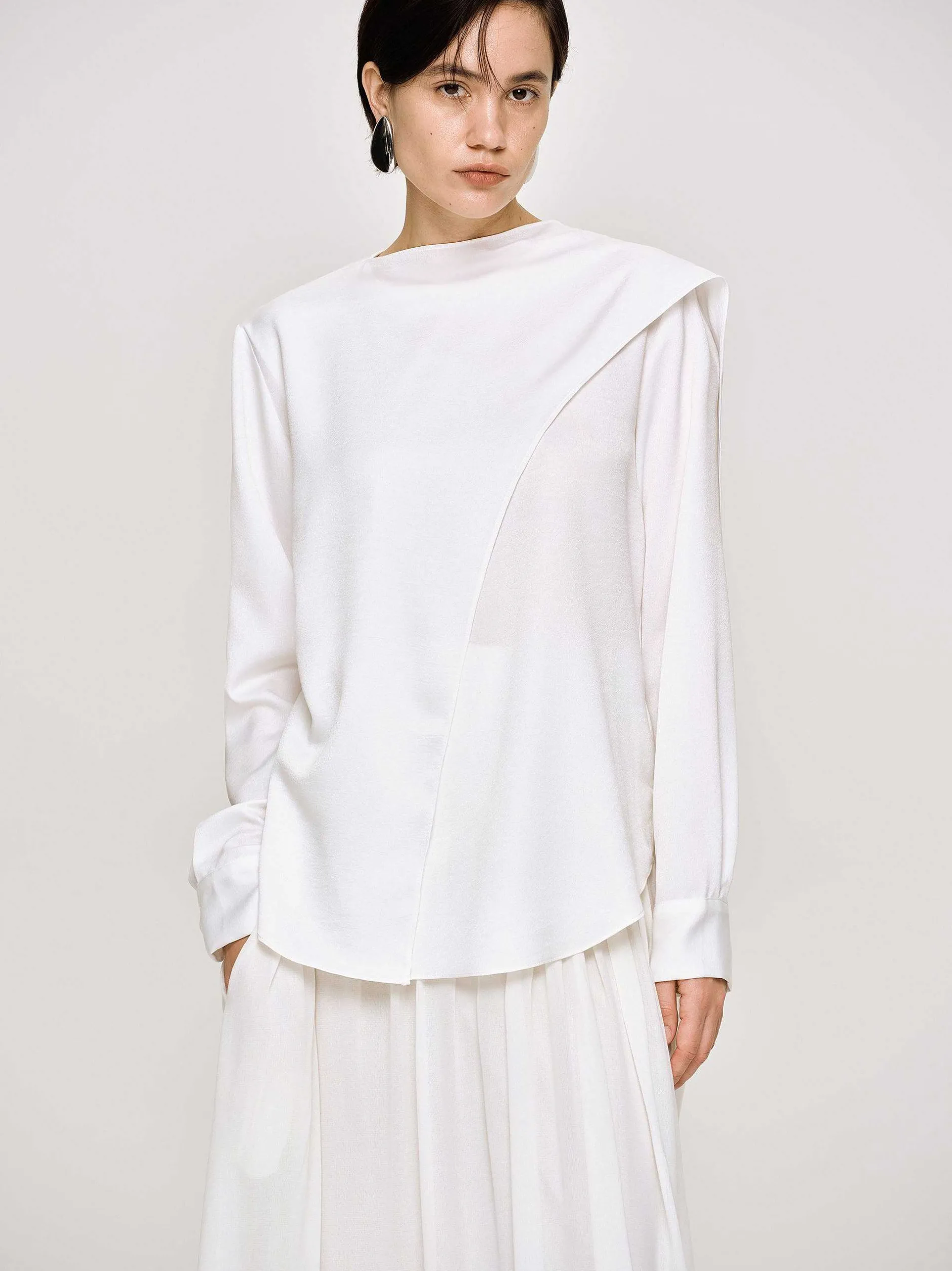 Tops-Source Unknown Notte Draped Scarf Blouse, White