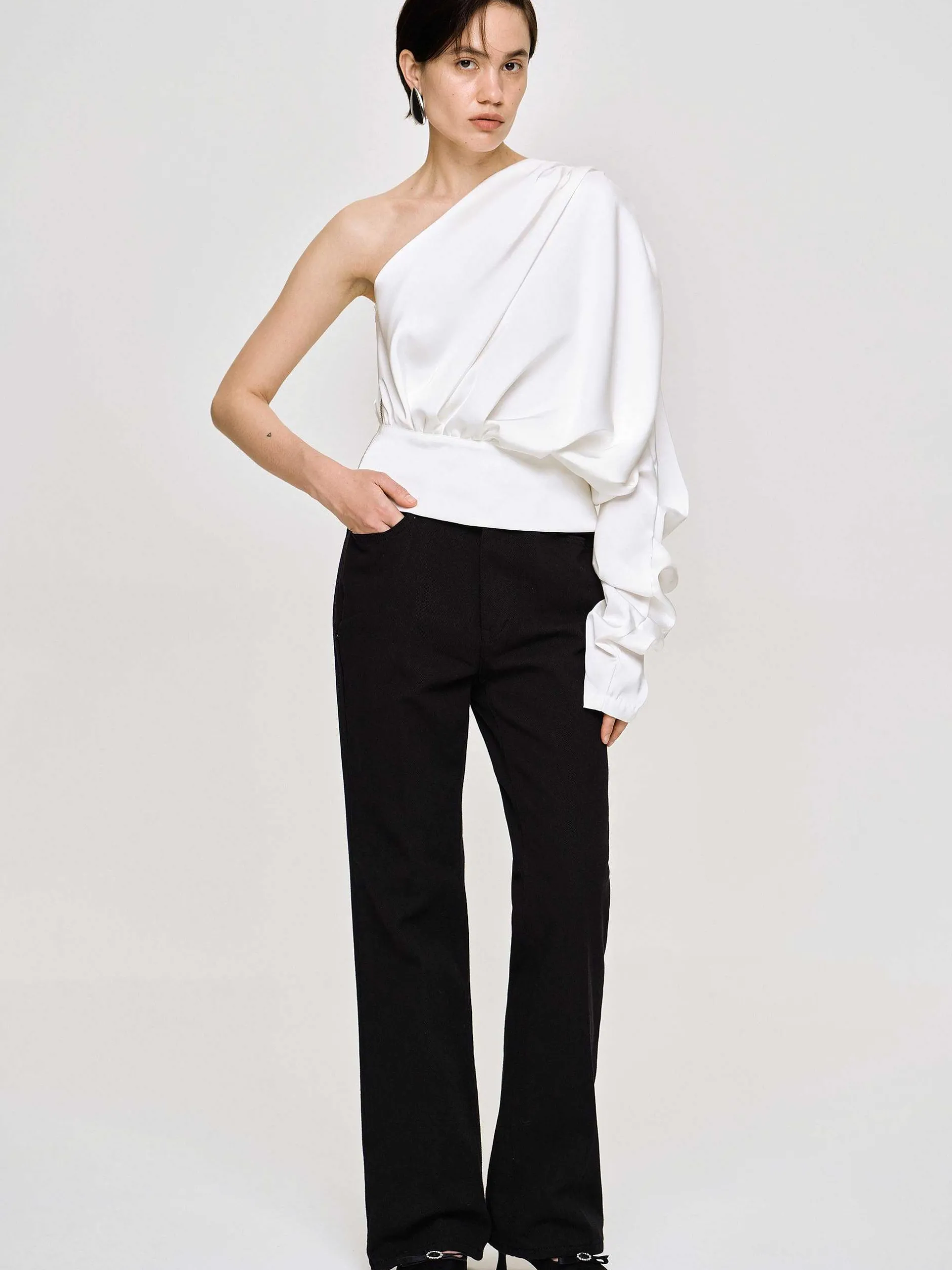 Tops-Source Unknown One-Shoulder Blouse, White