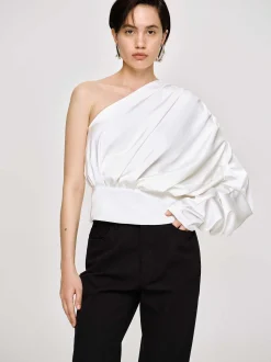 Tops-Source Unknown One-Shoulder Blouse, White