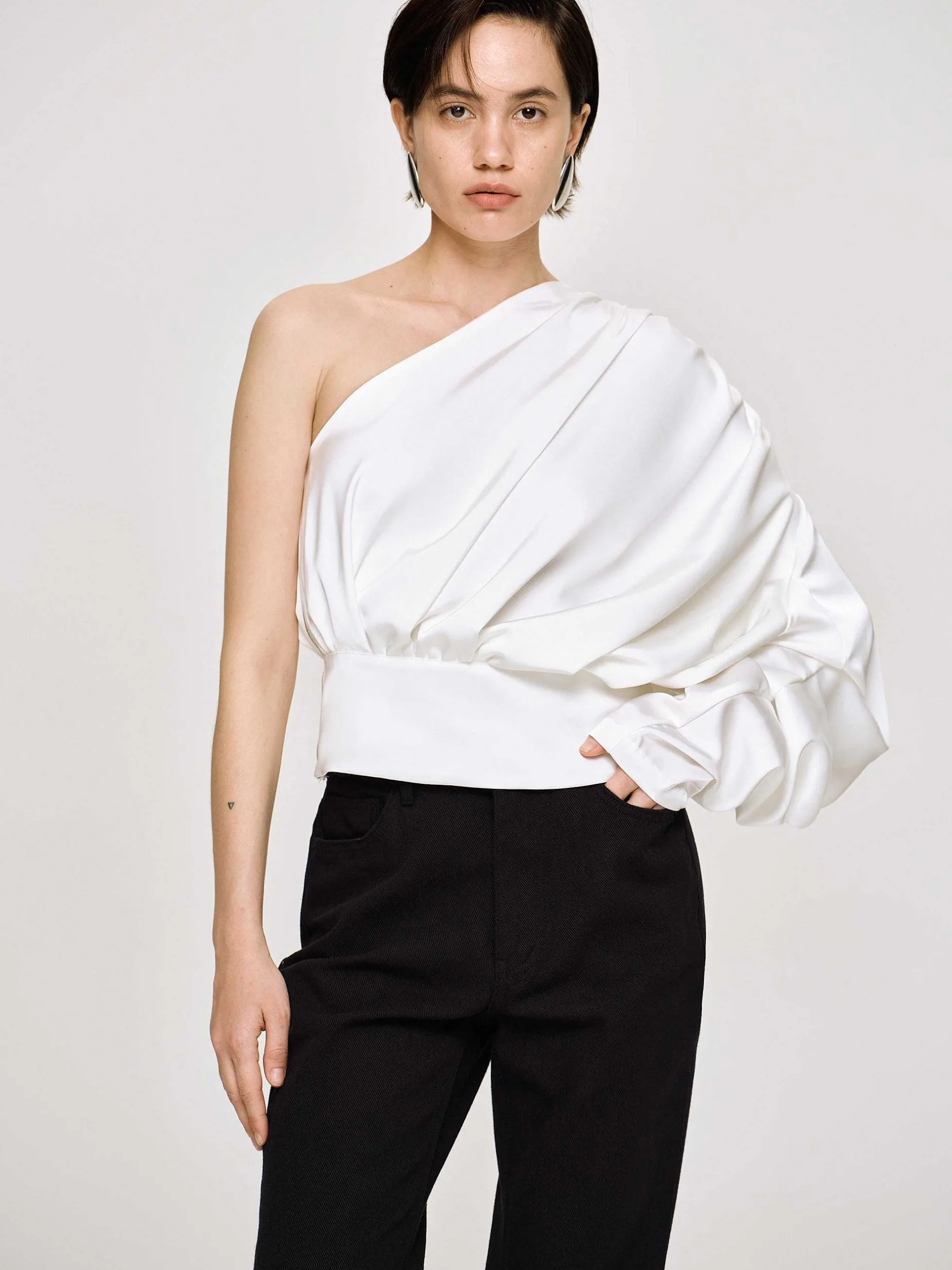 Tops-Source Unknown One-Shoulder Blouse, White