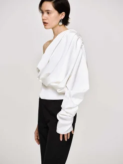 Tops-Source Unknown One-Shoulder Blouse, White