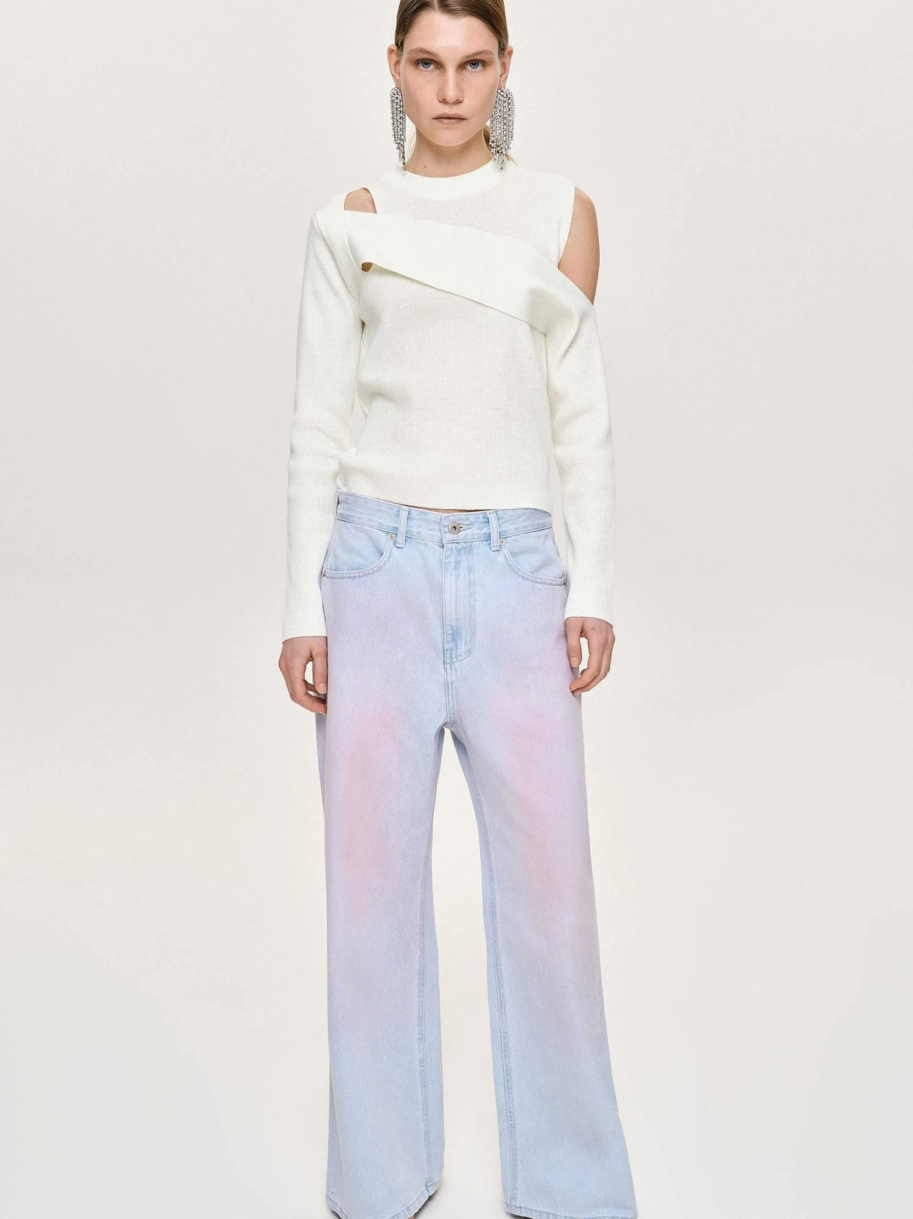 Clothing-Source Unknown Painted Wide-Leg Jeans, Pink Washed