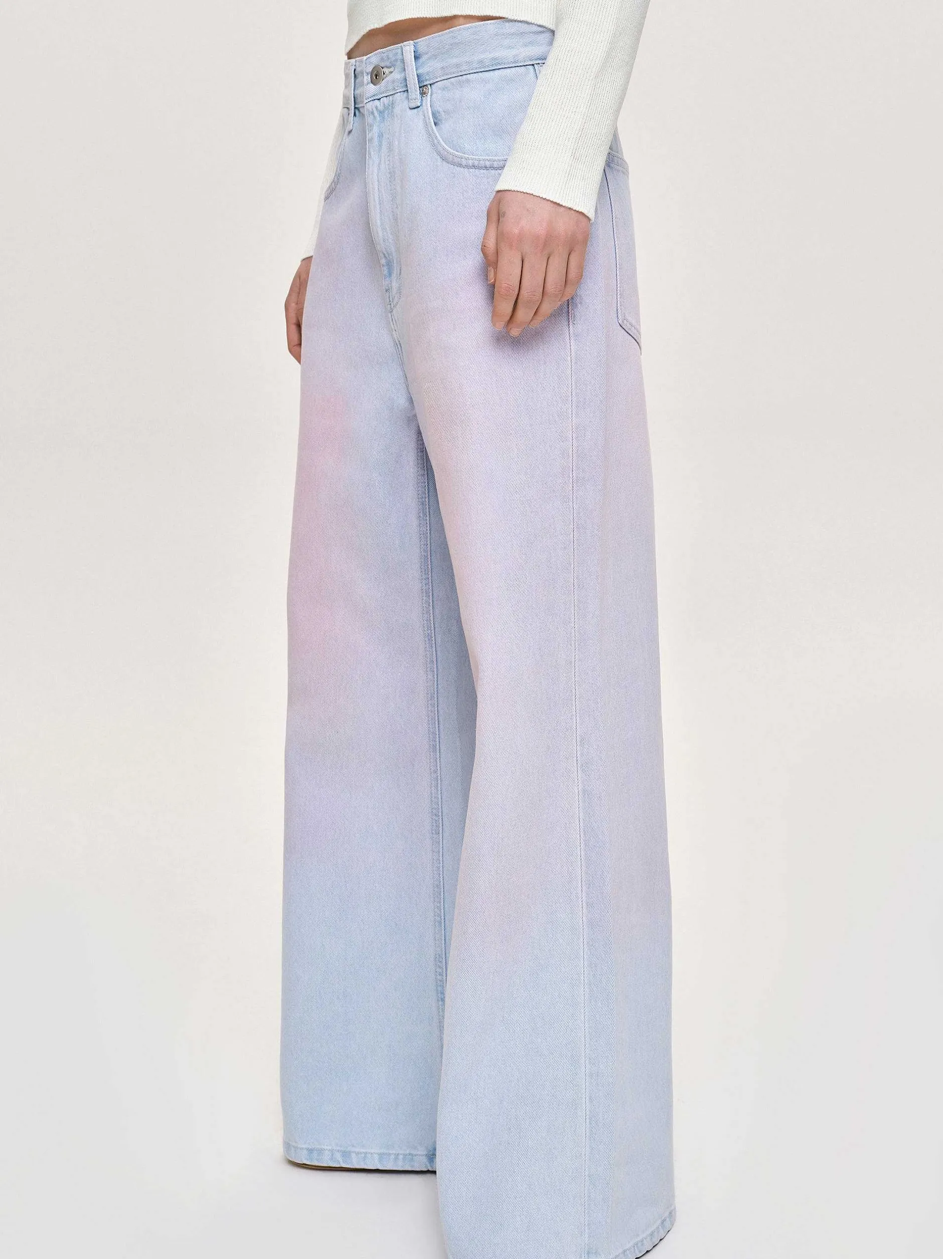 Clothing-Source Unknown Painted Wide-Leg Jeans, Pink Washed