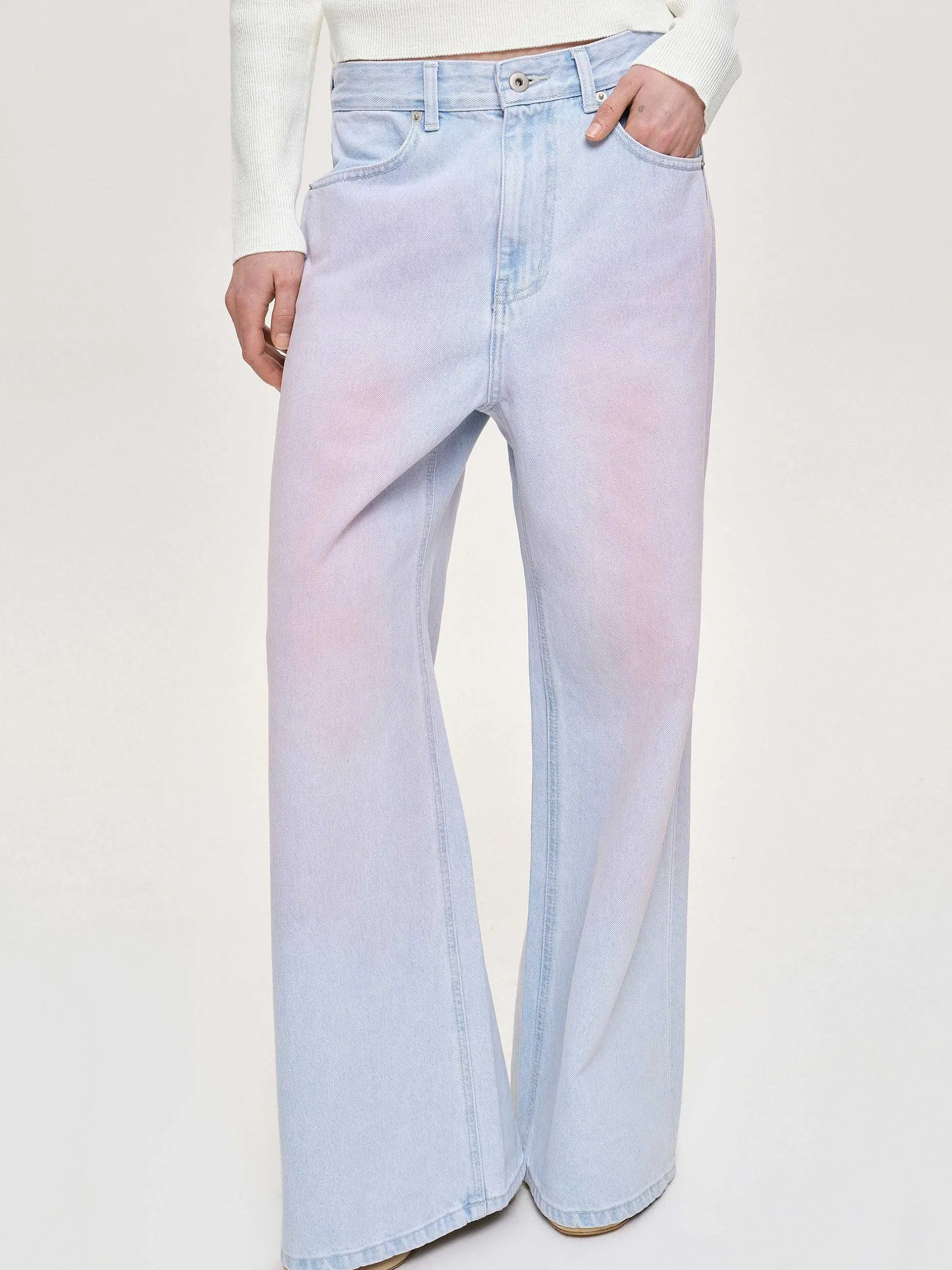 Clothing-Source Unknown Painted Wide-Leg Jeans, Pink Washed