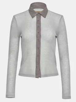 Clothing-Source Unknown Pietro Semi-Sheer Collar Top, Taupe Brown