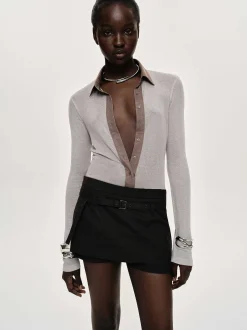 Tops-Source Unknown Pietro Semi-Sheer Collar Top, Taupe Brown