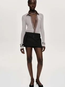 Tops-Source Unknown Pietro Semi-Sheer Collar Top, Taupe Brown