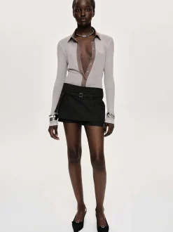 Tops-Source Unknown Pietro Semi-Sheer Collar Top, Taupe Brown