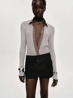Tops-Source Unknown Pietro Semi-Sheer Collar Top, Taupe Brown