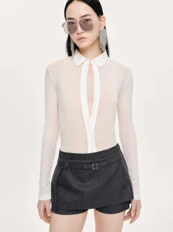 Tops-Source Unknown Pietro Semi-Sheer Collar Top, White