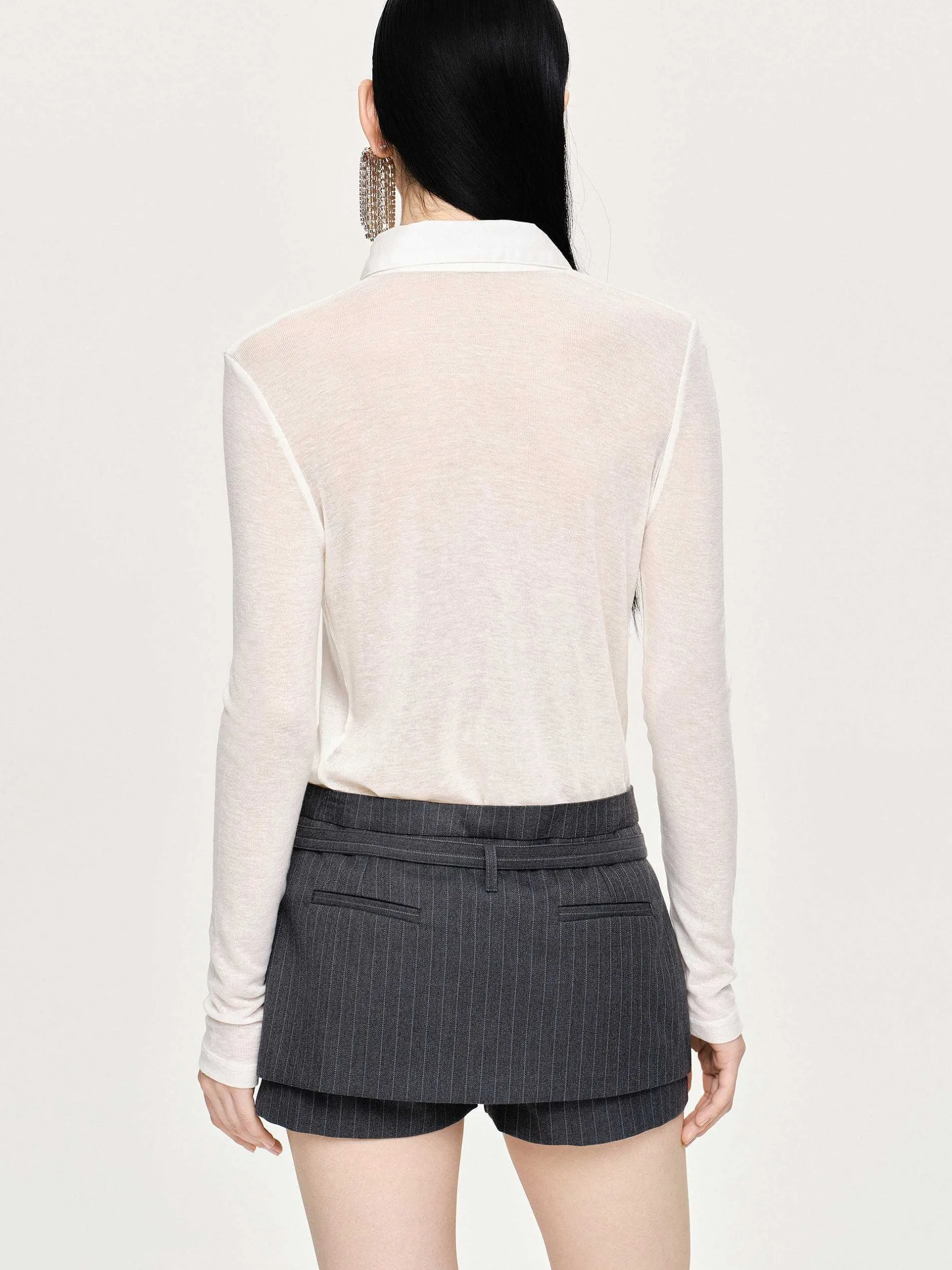 Tops-Source Unknown Pietro Semi-Sheer Collar Top, White