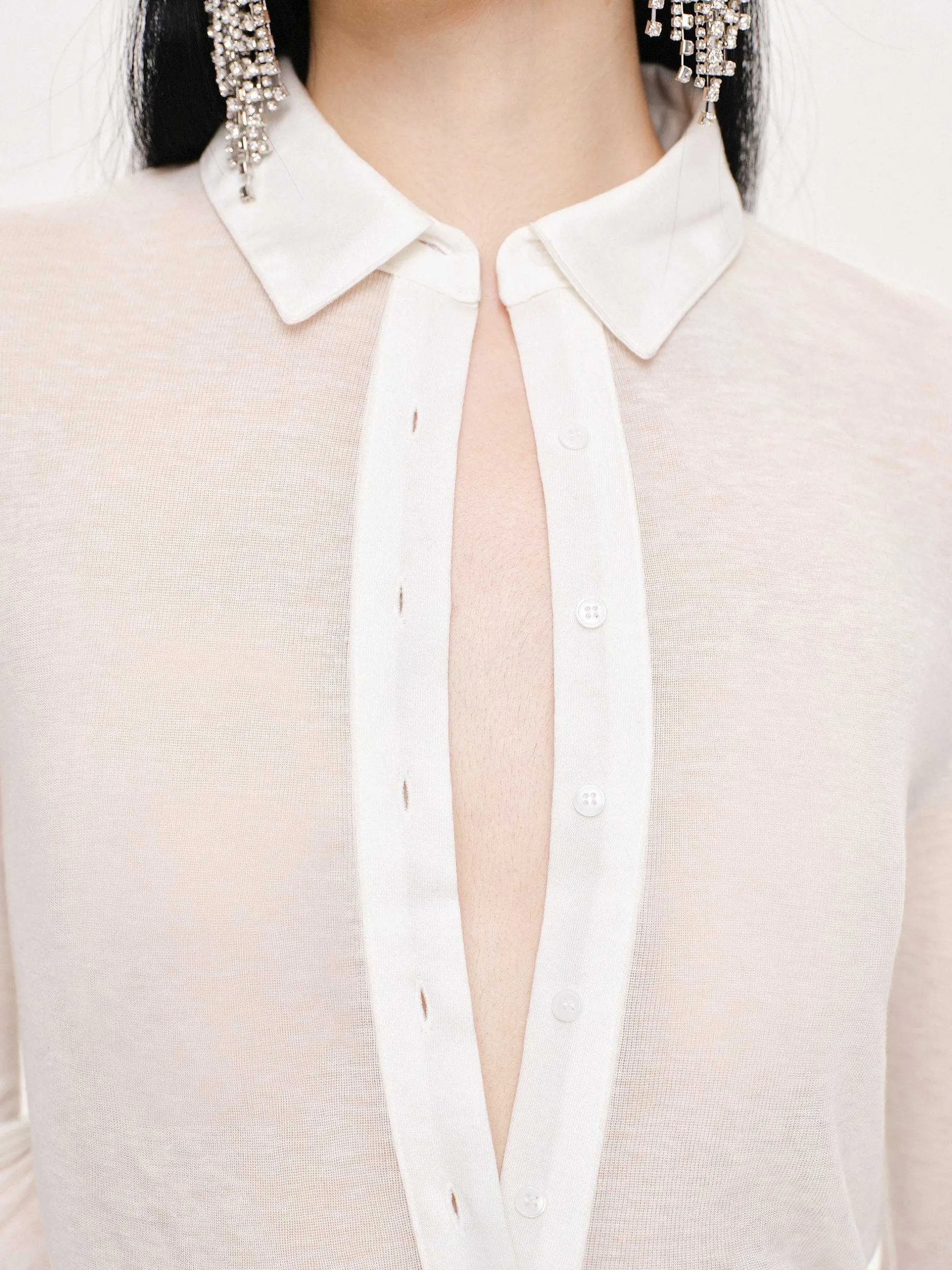 Tops-Source Unknown Pietro Semi-Sheer Collar Top, White