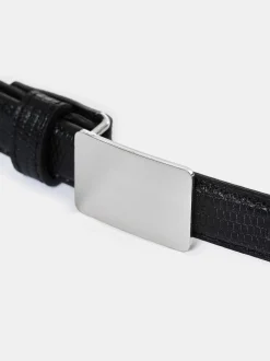Accessories-Source Unknown Plate Buckle Croc-Effect Belt, Silver