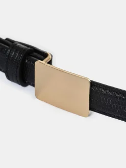 Clothing-Source Unknown Plate Buckle Croc-Effect Belt, Gold