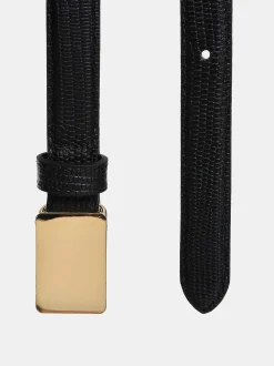 Accessories-Source Unknown Plate Buckle Croc-Effect Belt, Gold