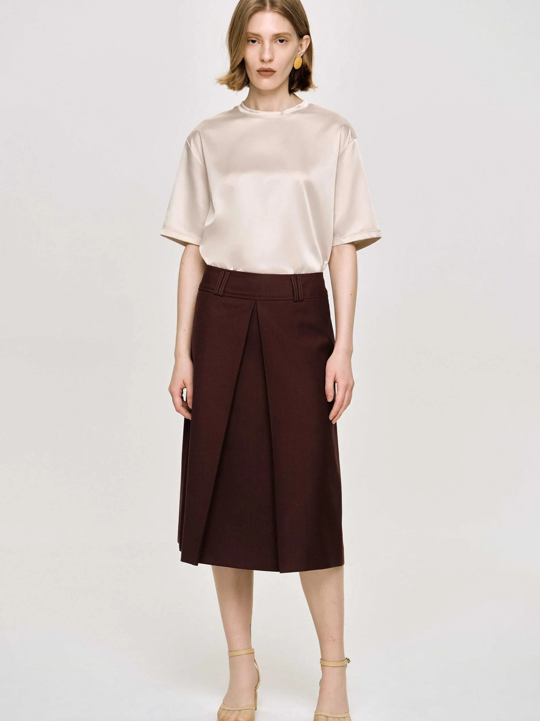 Clothing-Source Unknown Pleated Midi Skirt, Black Cherry