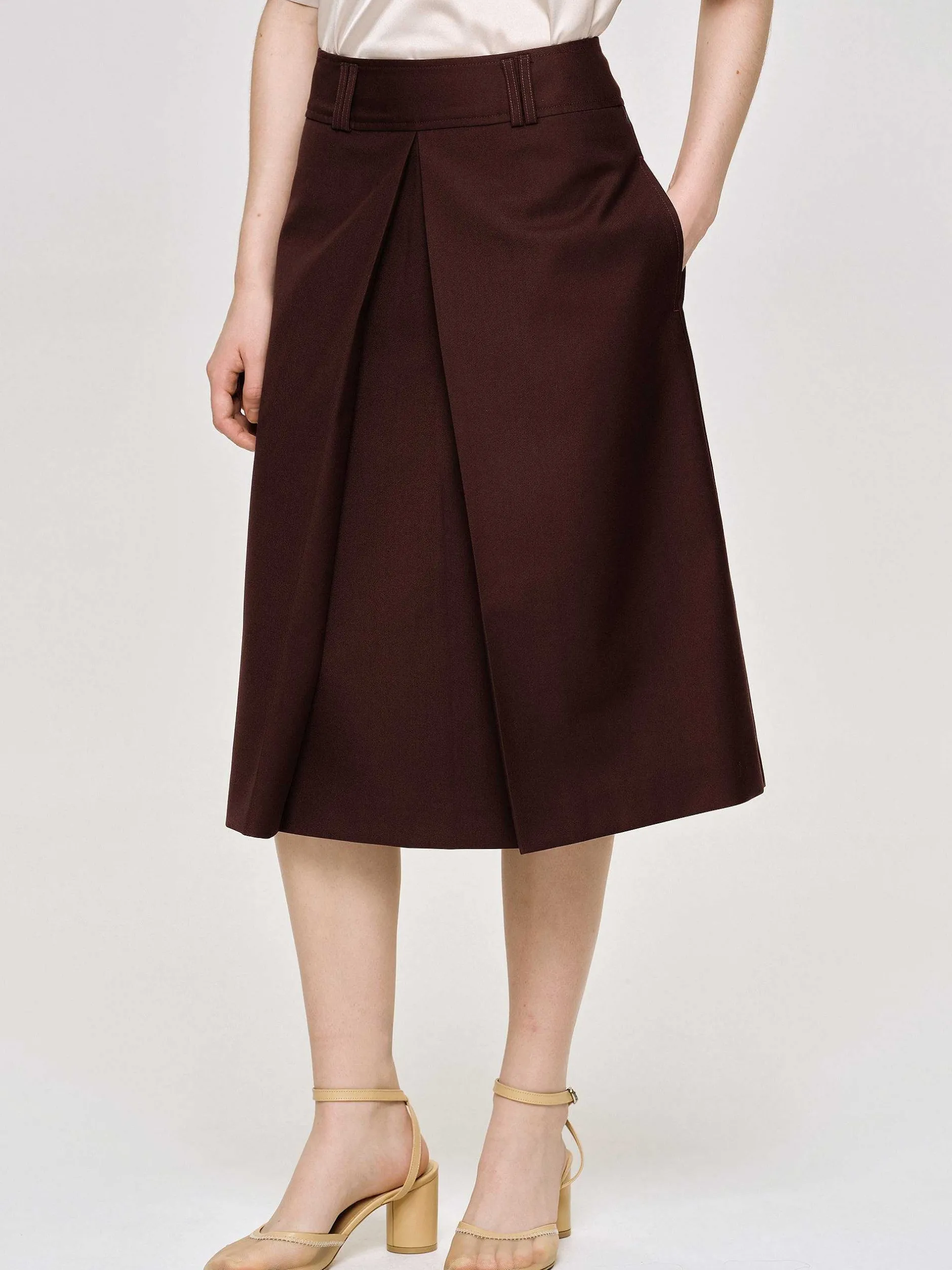 Clothing-Source Unknown Pleated Midi Skirt, Black Cherry