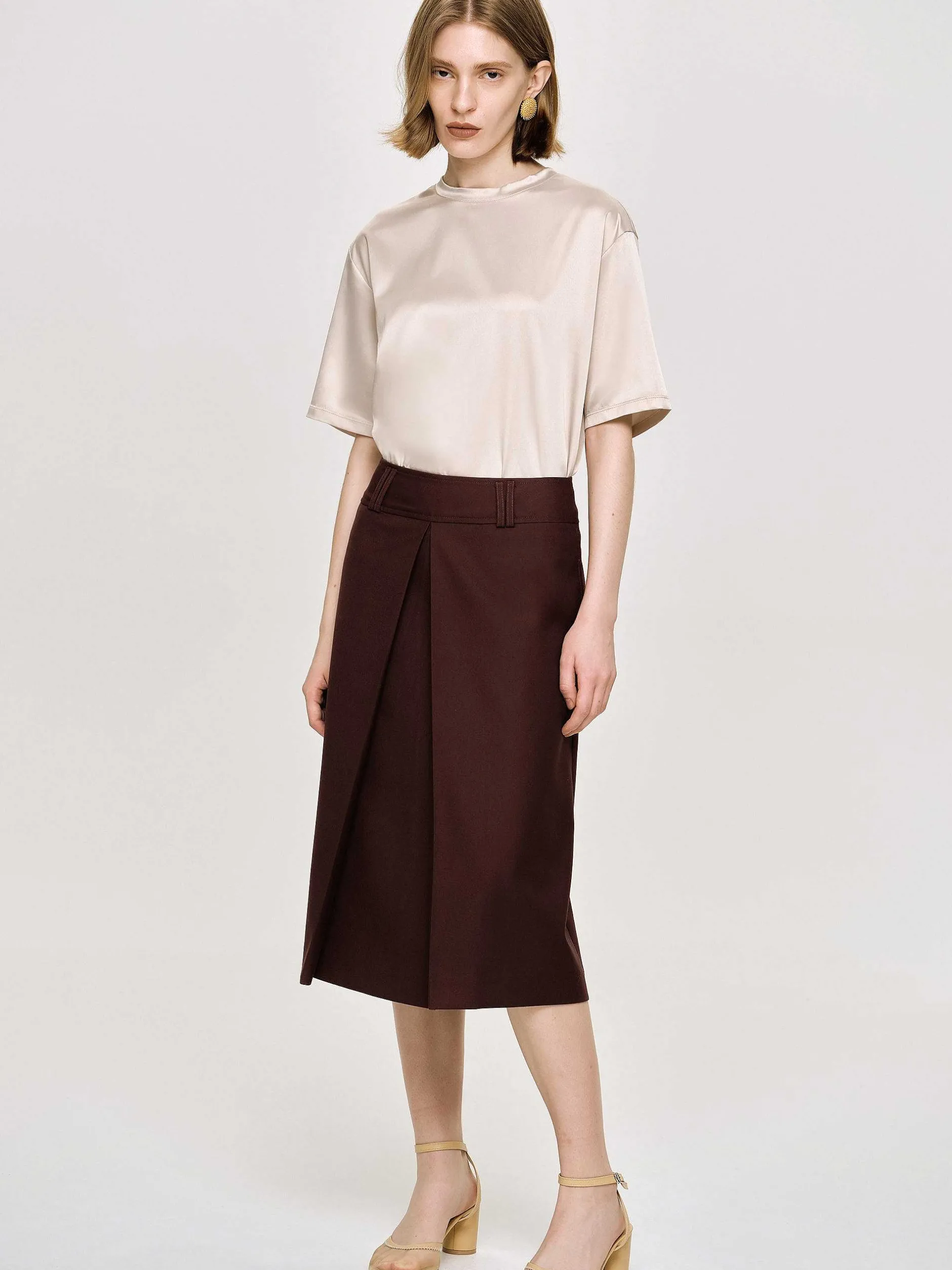 Clothing-Source Unknown Pleated Midi Skirt, Black Cherry
