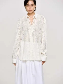 Accessories-Source Unknown Pointelle Oversized Button Down Shirt, Ivory